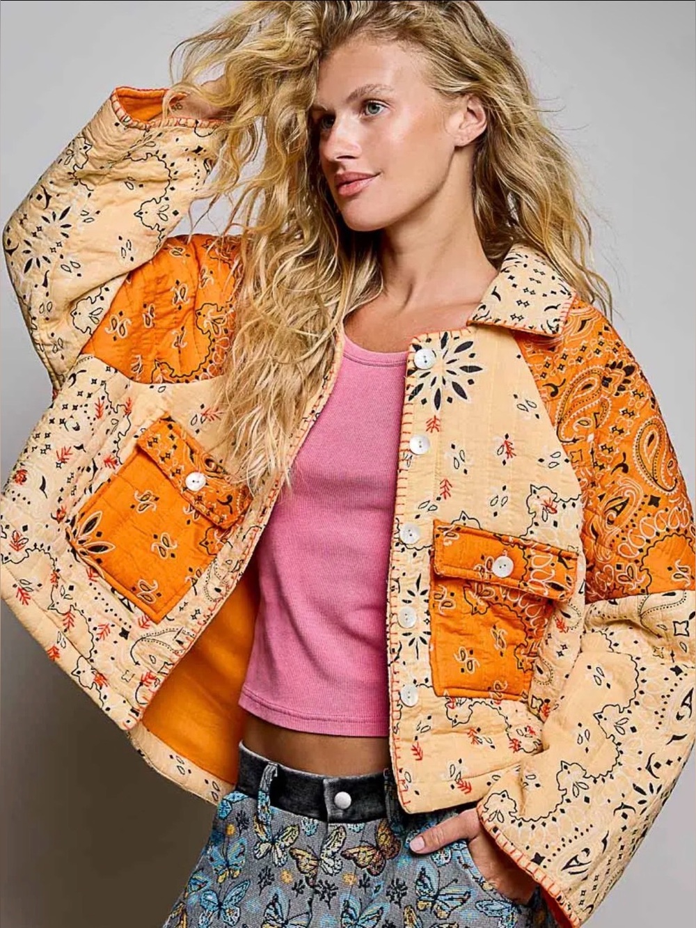POL Orange paisley quilted puffer boho western patchwork floral jacket coat